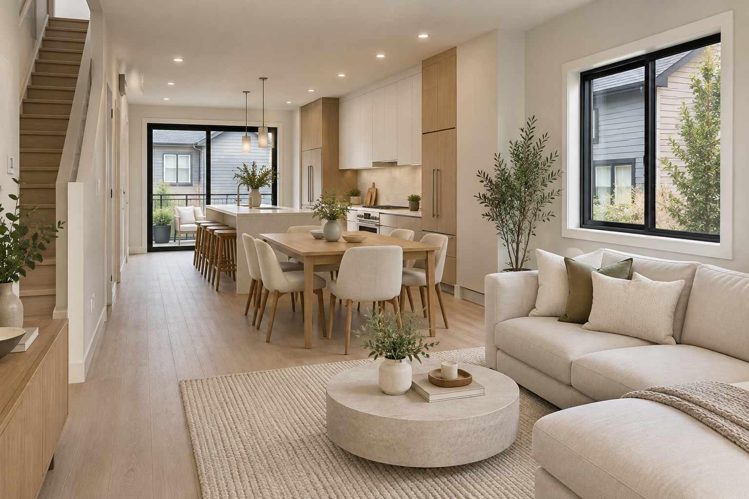 Open concept living, dining and kitchen at Six On Salisbury