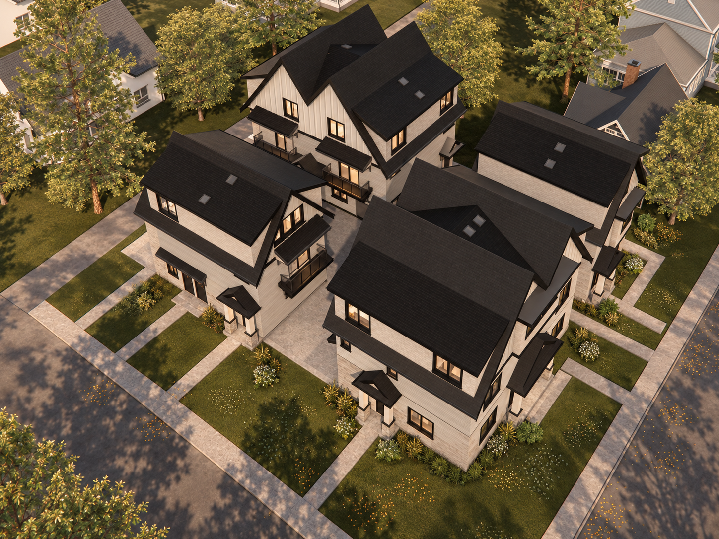 Aerial rendering of all Six On Salisbury buildings